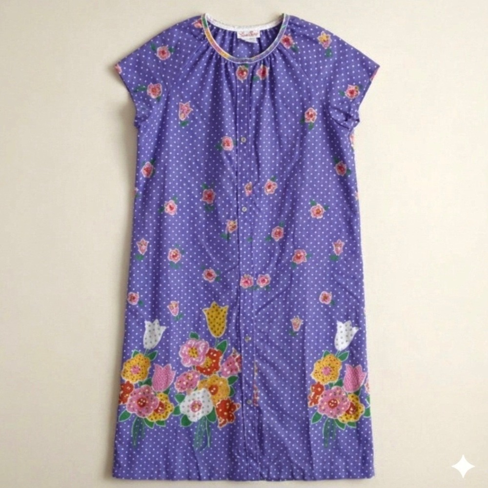 Vintage70s Smart‎ Time Purple Heart Floral Duster House Dress Union Made Medium